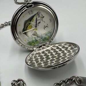 Al Agnew Pocket Watch Men Silver Tone Bass Fish Dial Chain Included New Battery